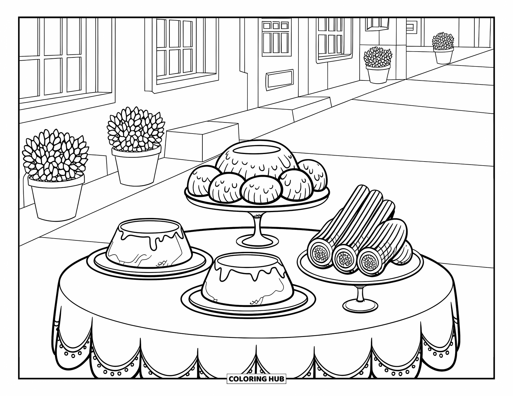 Mexican Food Coloring Page for Kids: Café-style dessert table outdoors with churros, flan, and plants