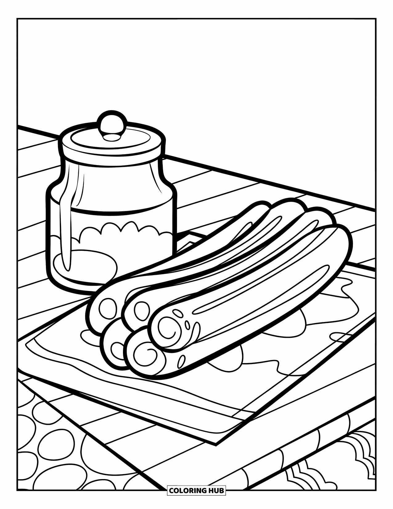Mexican Food Coloring Page for Kids: Churro with sugar jar on a napkin, simple and fun for preschoolers