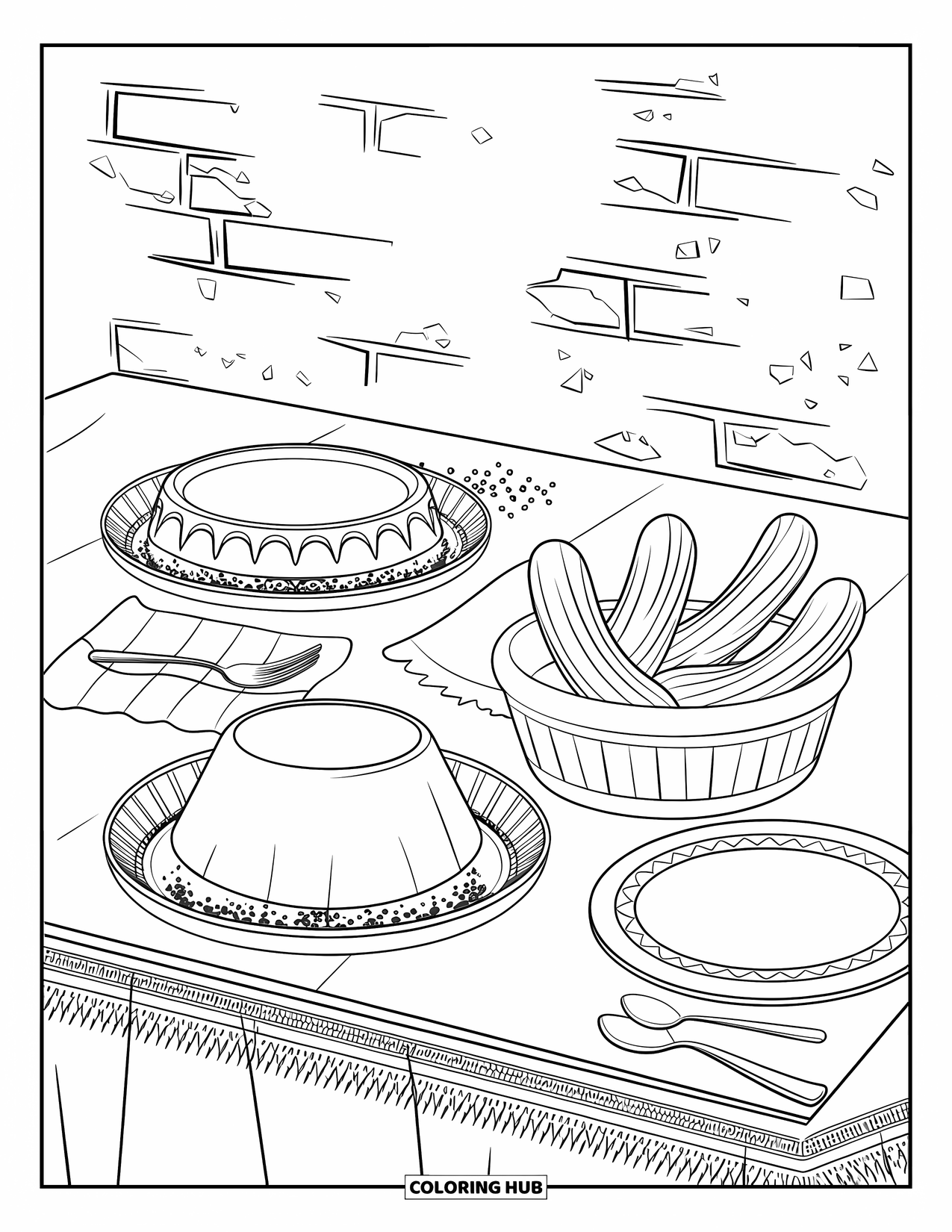 Mexican Food Coloring Page for Kids: Churros, sopapillas, and flan on a rustic dessert table with cinnamon sprinkles