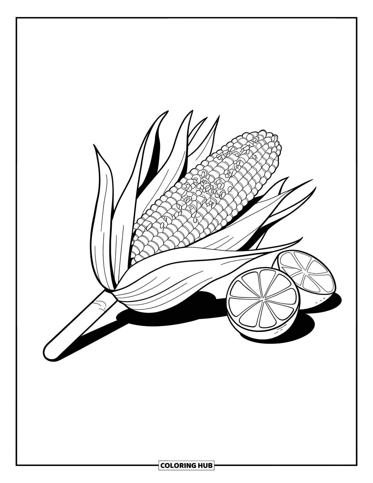 Mexican Food Coloring Page for Kids: Corn elote with sprinkles and limes beside it on a white background