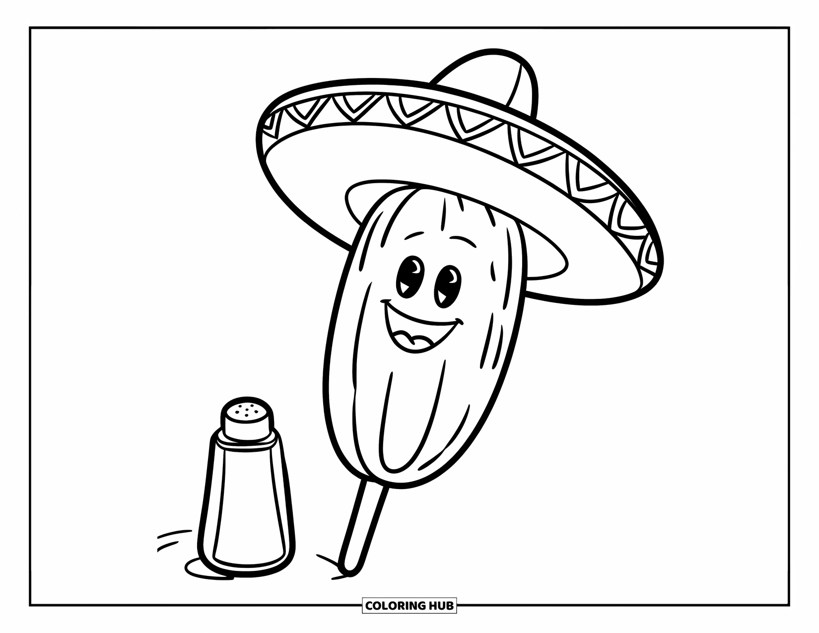 Mexican Food Coloring Page for Kids: Cute elote in a sombrero beside a salt shaker on a clean page