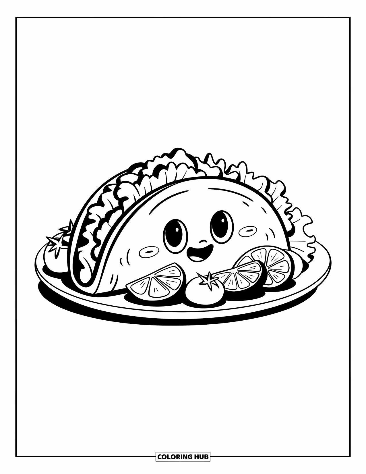Mexican Food Coloring Page for Kids: Cute taco platter with sliced limes, tomatoes, and lettuce
