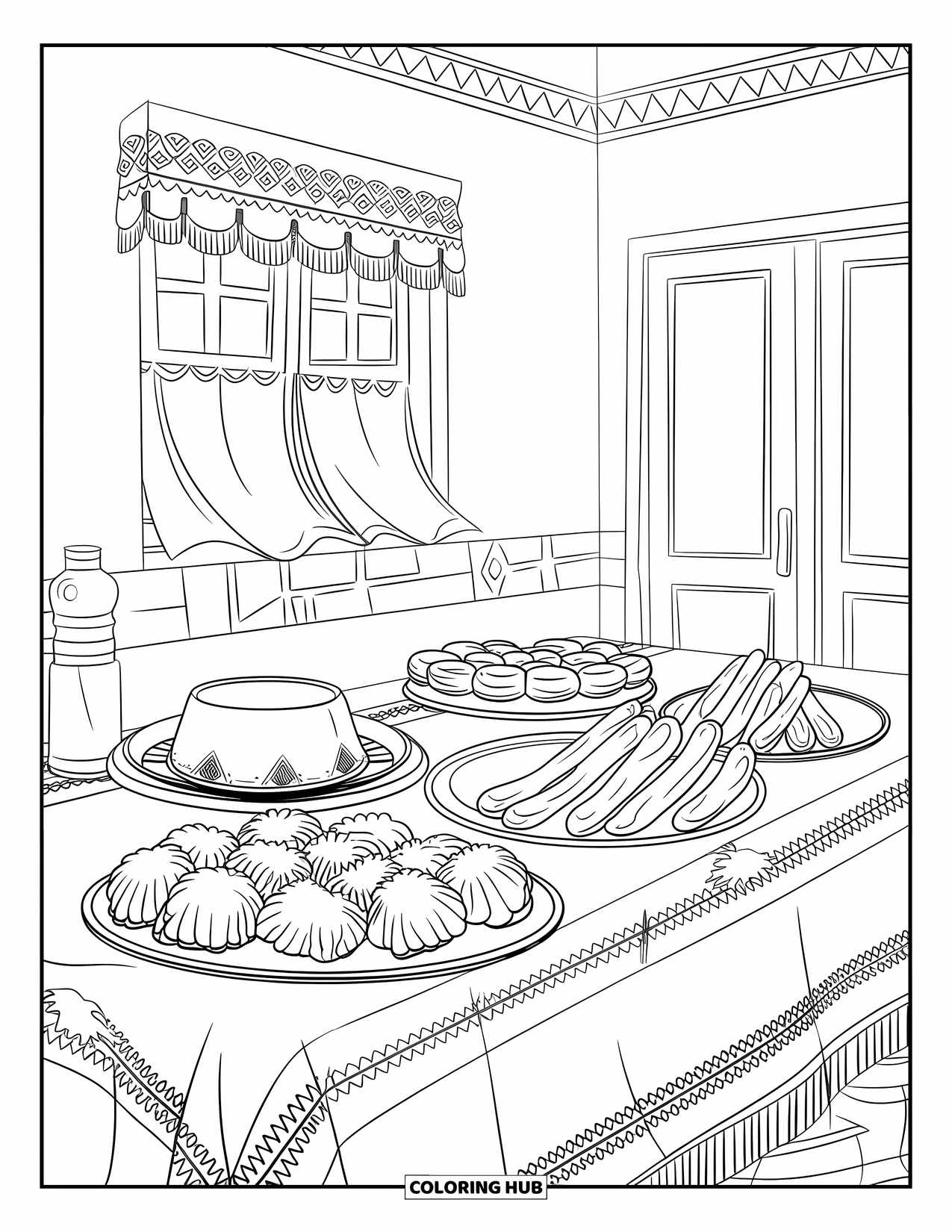 Mexican Food Coloring Page for Kids: Dessert spread of flan, churros, and sopapillas near a curtained window
