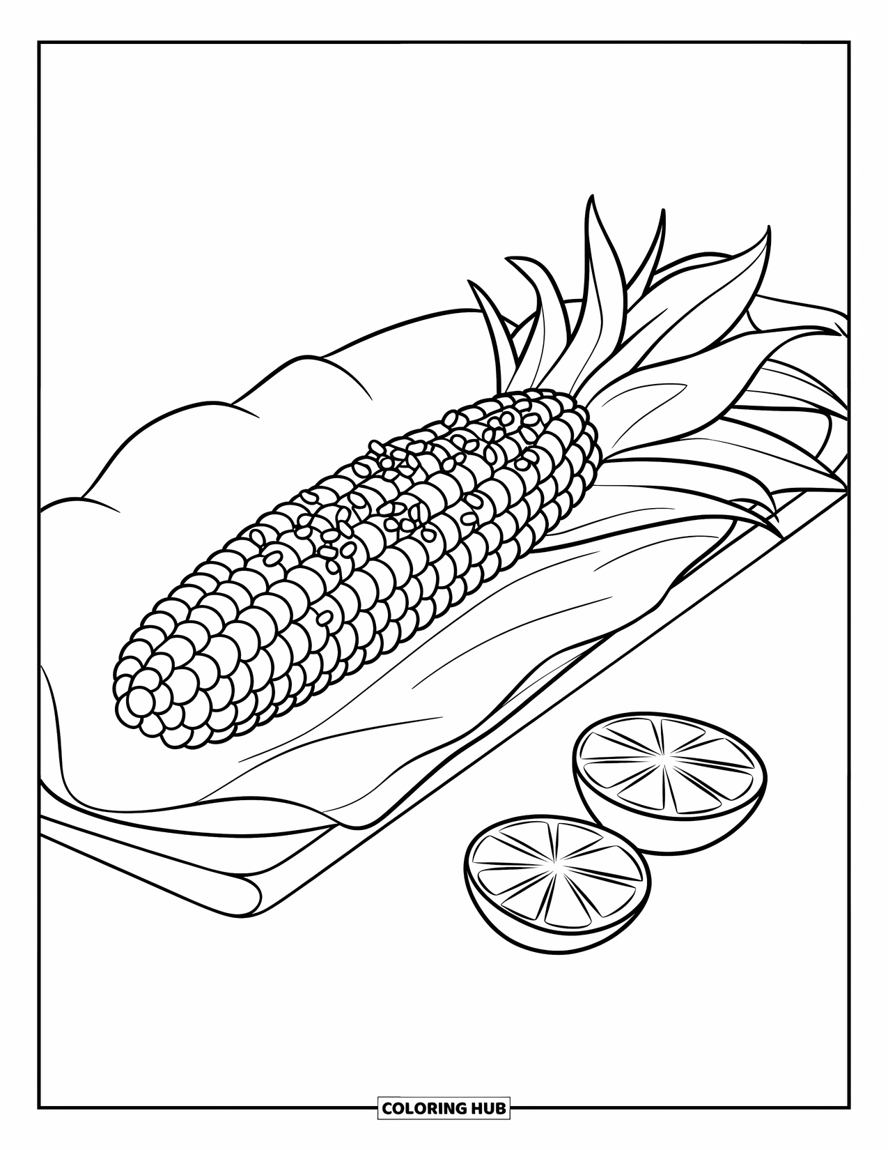 Mexican Food Coloring Page for Kids: Elote on a stick with sprinkles and lime halves on the side
