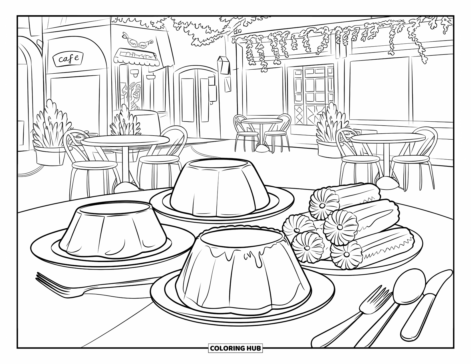Mexican Food Coloring Page for Kids: Flan, churros, and sopapillas on a café table with plants and signs