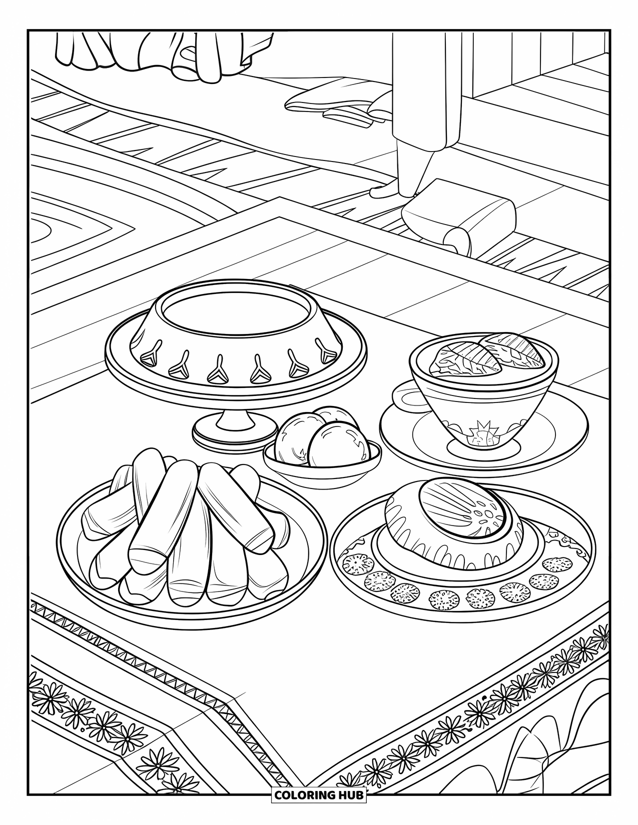 Mexican Food Coloring Page for Kids: Flan, churros, and sopapillas on a cozy dessert table with decorations