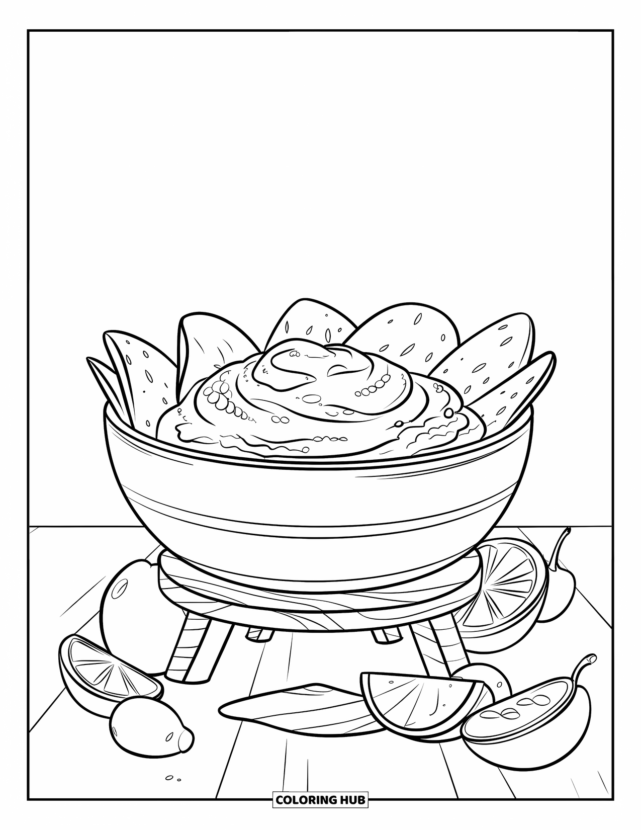 Mexican Food Coloring Page for Kids: Guacamole bowl with limes, chips, and jalapeños around it