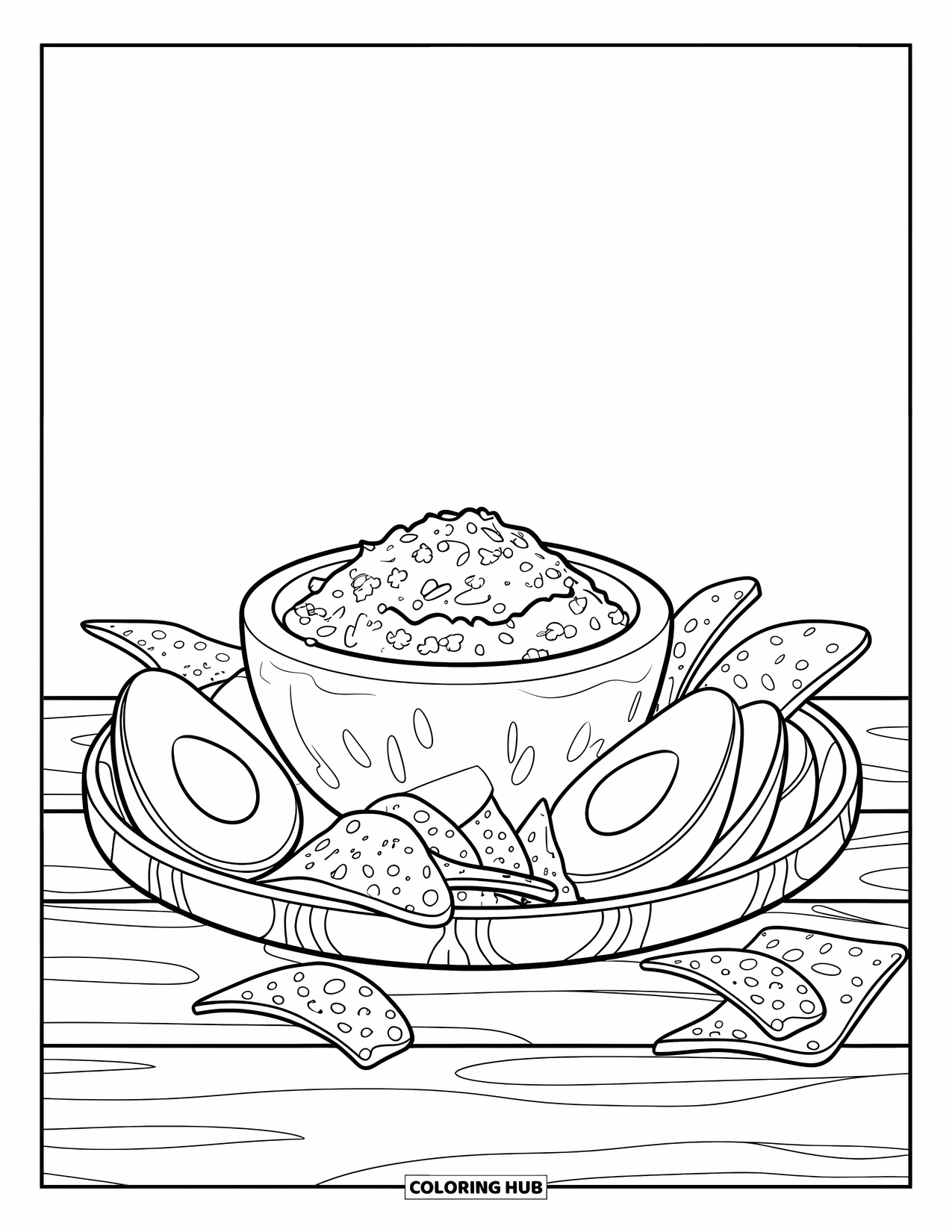 Mexican Food Coloring Page for Kids: Guacamole in a molcajete bowl with chips on a wooden platter