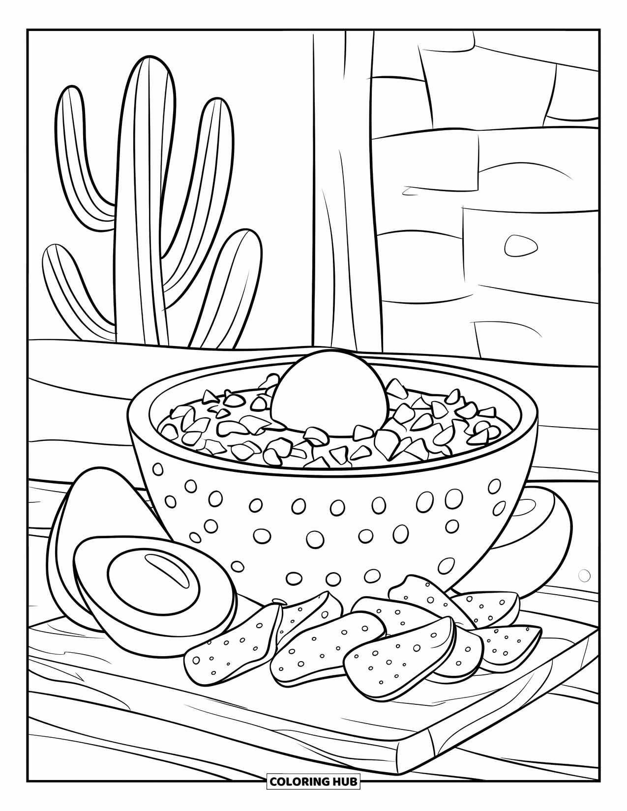 Mexican Food Coloring Page for Kids: Guacamole in a stone bowl with avocado slices and a cactus behind