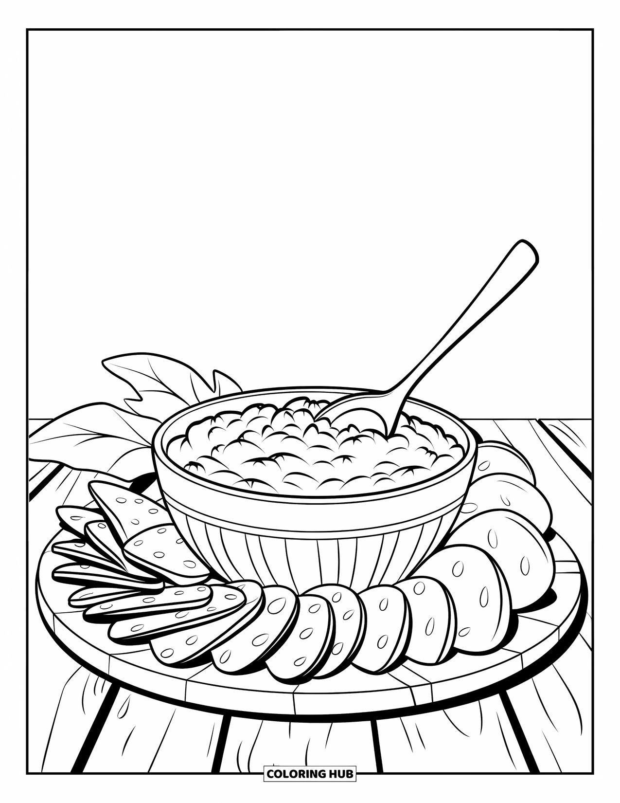 Mexican Food Coloring Page for Kids: Guacamole with chips and a spoon on a wooden board with a leaf