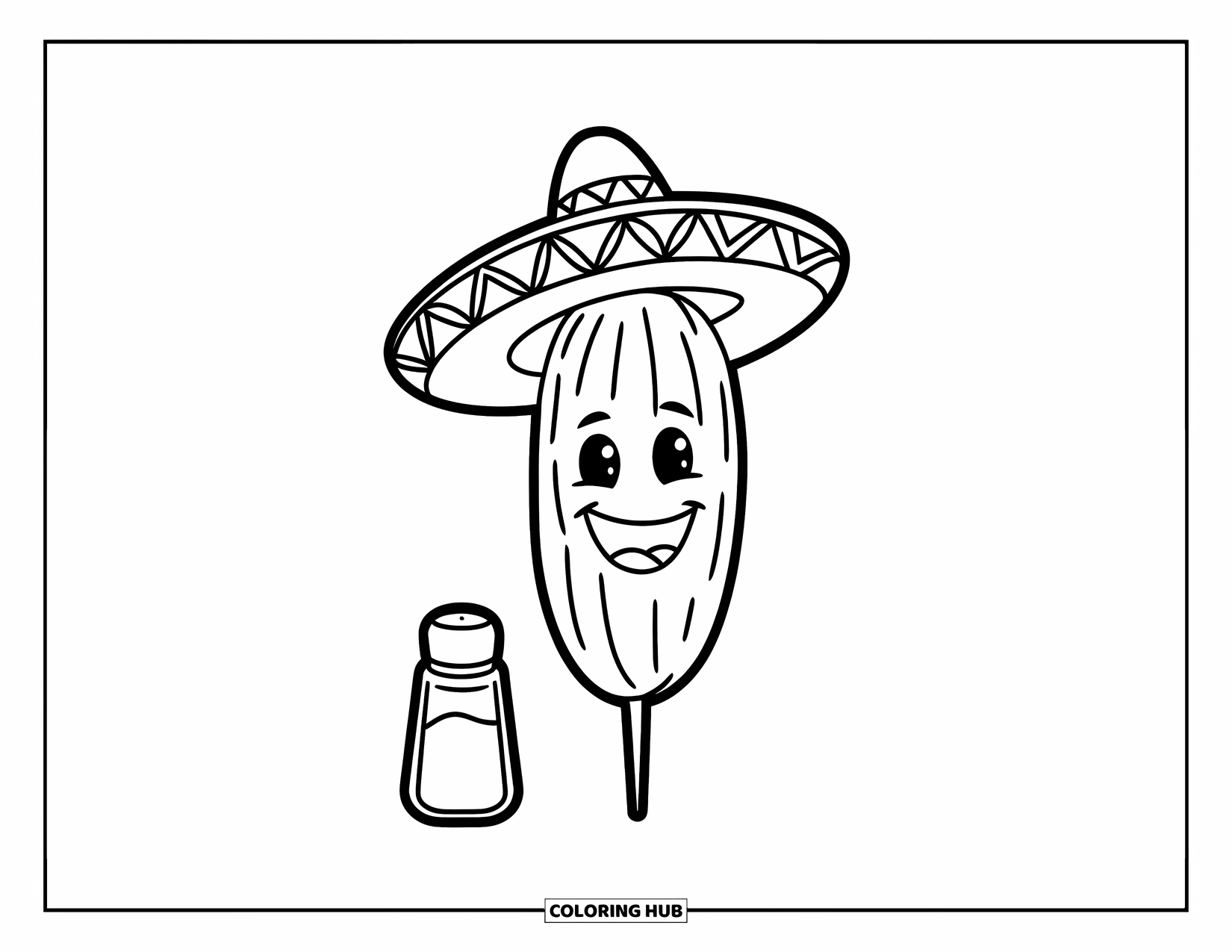 Mexican Food Coloring Page for Kids: Happy elote in a sombrero next to a tiny salt shaker