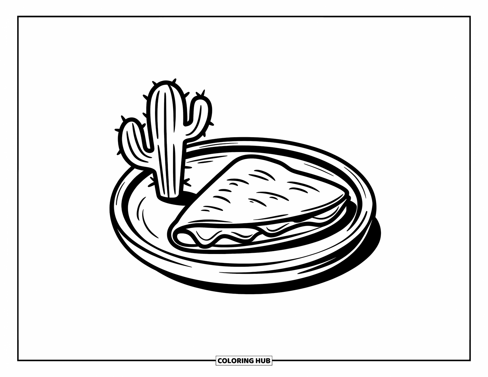 Mexican Food Coloring Page for Kids: Mini quesadilla on a plate beside a tiny cactus plant