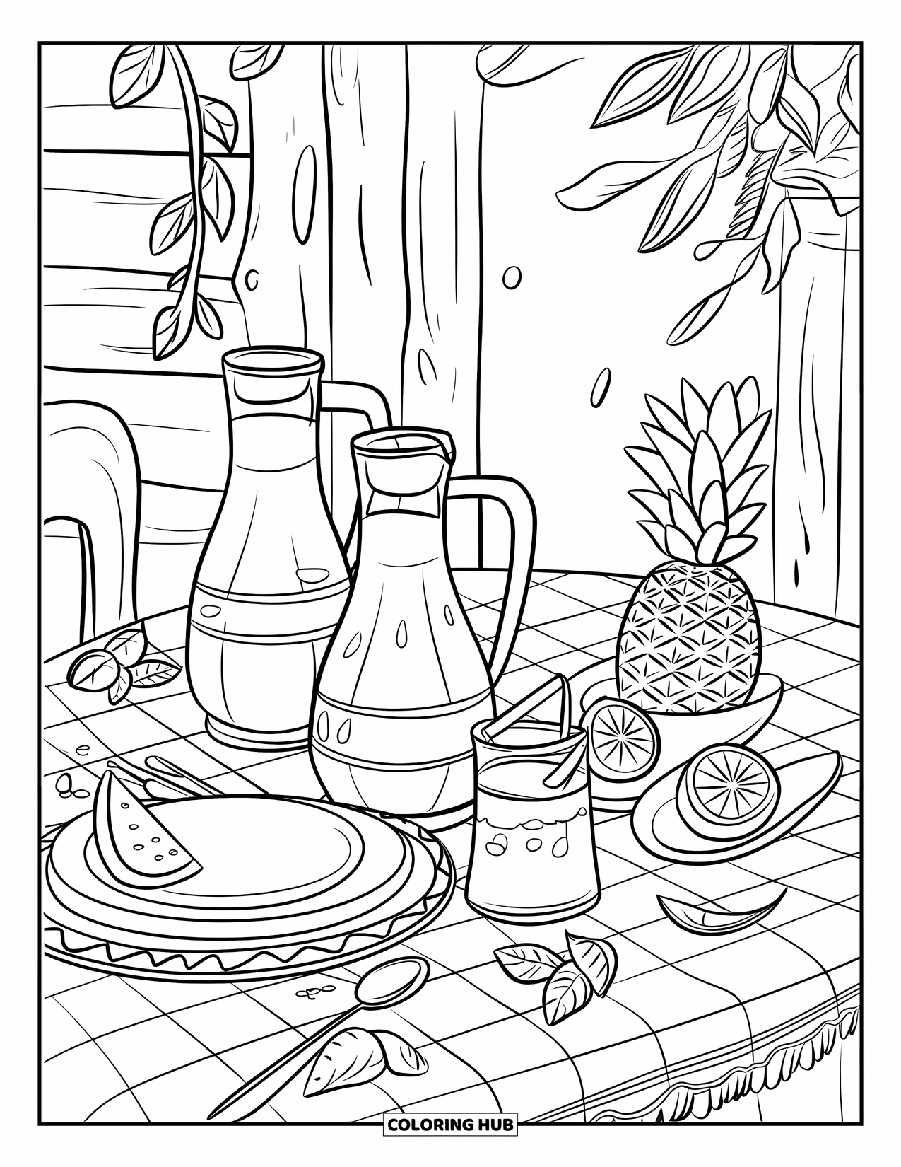 Mexican Food Coloring Page for Kids: Pitchers of agua fresca with fruit slices on a table with leaves