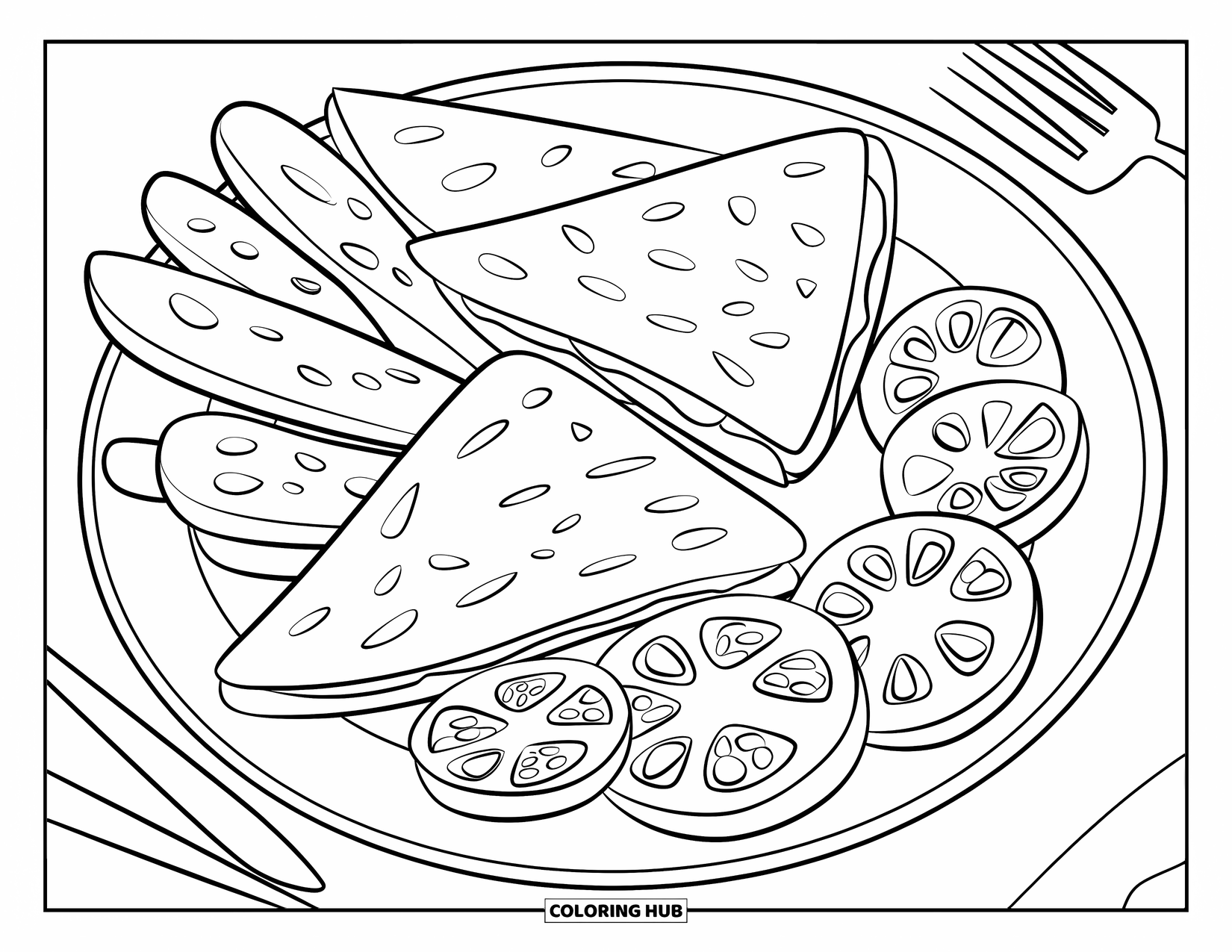 Mexican Food Coloring Page for Kids: Plate of triangle quesadillas with jalapeños, tomatoes, and a fork