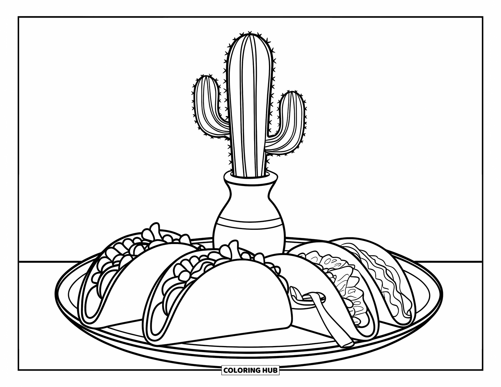 Mexican Food Coloring Page for Kids: Plate with tacos, elotes, and a cactus centerpiece in a tiny vase