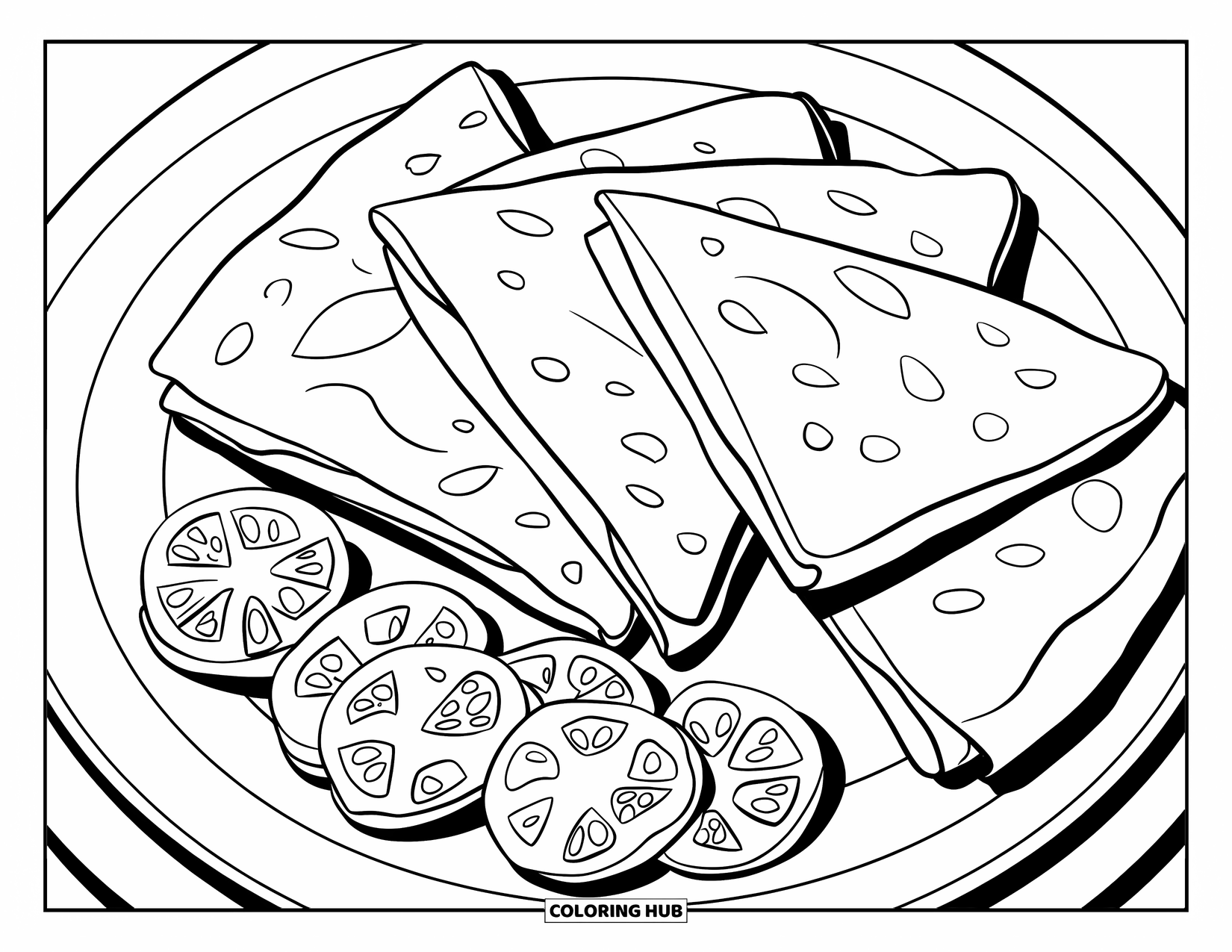 Mexican Food Coloring Page for Kids: Quesadillas with jalapeños and tomato slices neatly arranged on a plate