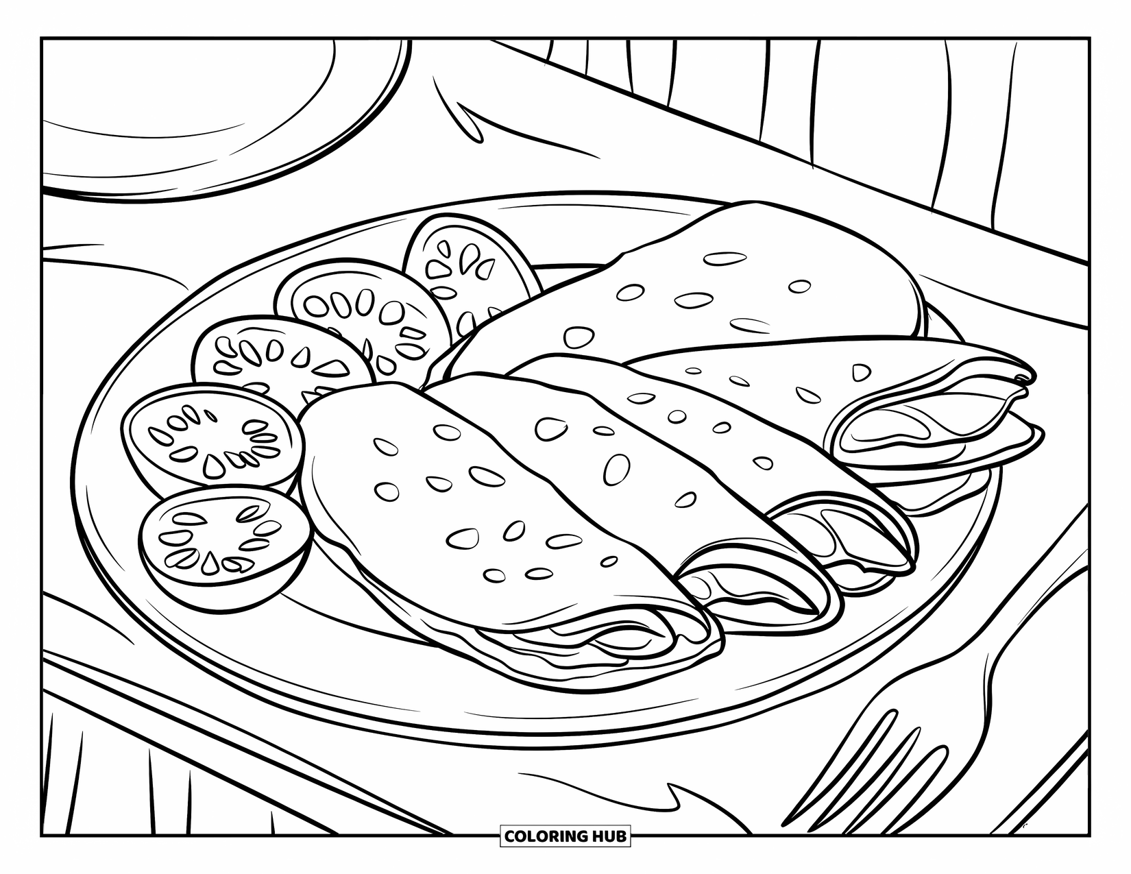 Mexican Food Coloring Page for Kids: Quesadillas with sliced jalapeños and tomatoes on a tablecloth