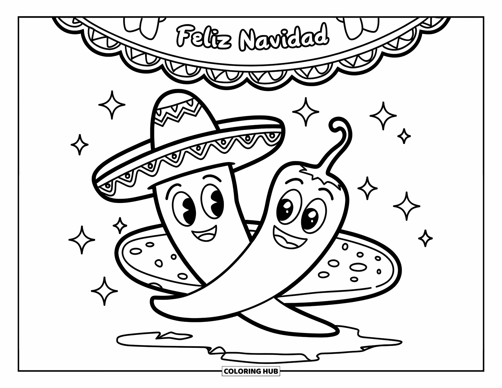 Mexican Food Coloring Page for Kids: Smiling chili peppers and tortillas with hats under a festive banner