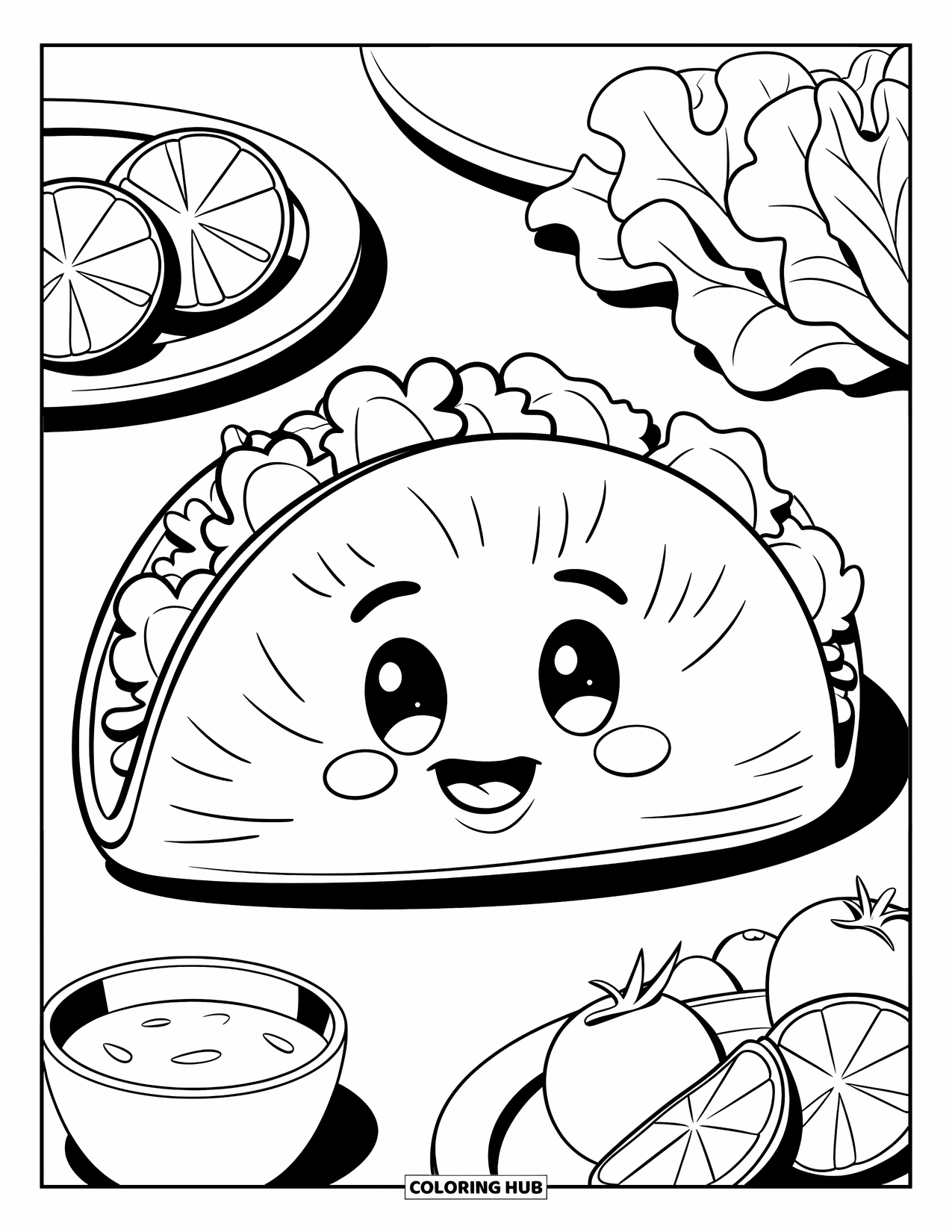 Mexican Food Coloring Page for Kids: Smiling taco platter with salsa and fresh toppings on the side