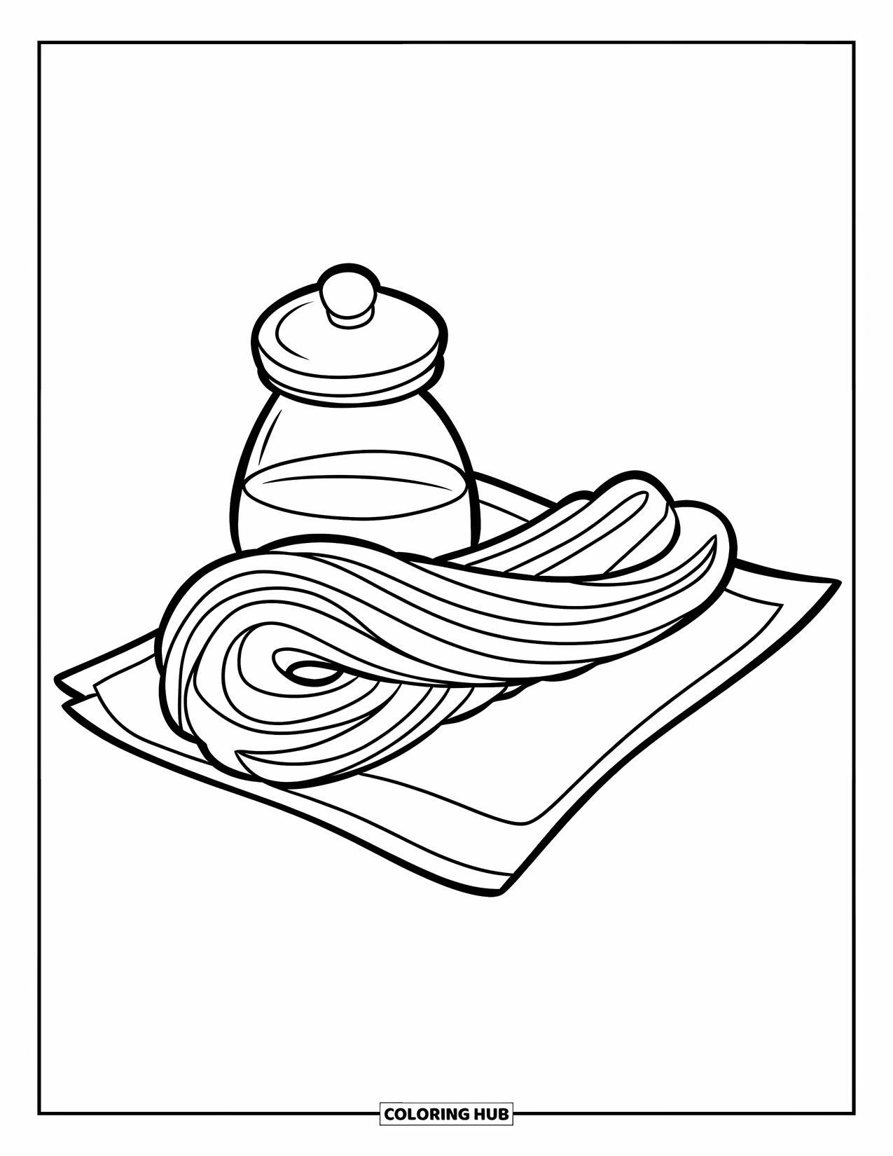 Mexican Food Coloring Page for Kids: Spiral churro with cinnamon beside a tiny sugar jar