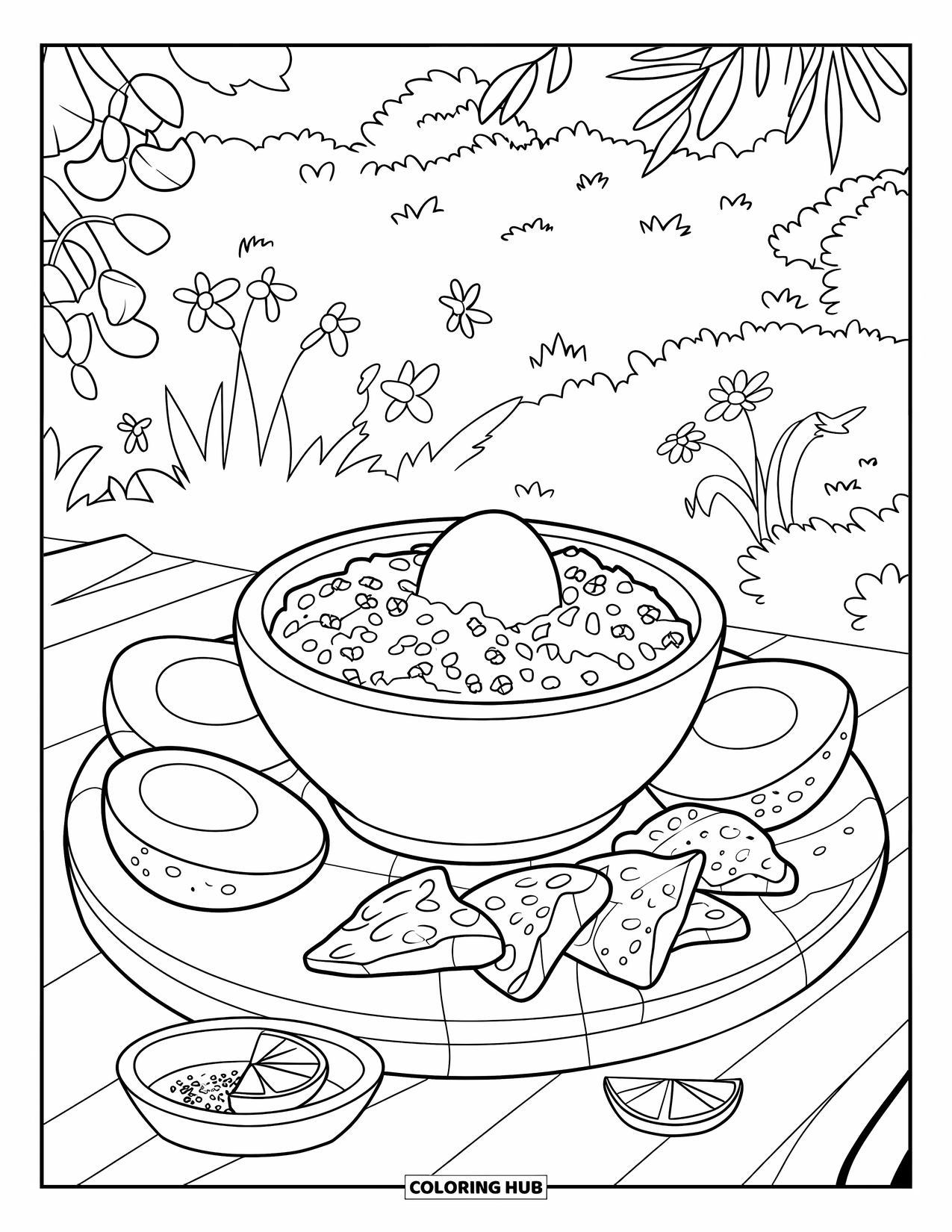 Mexican Food Coloring Page for Kids: Stone bowl of guacamole with chips, lime, and a sprinkle of chili powder