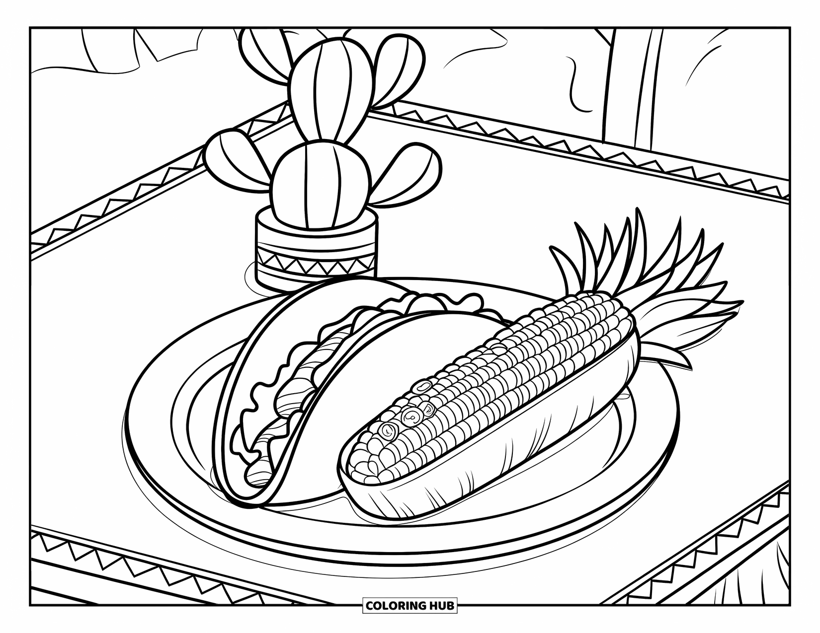 Mexican Food Coloring Page for Kids: Taco and elote with toppings beside a cactus on a wooden table