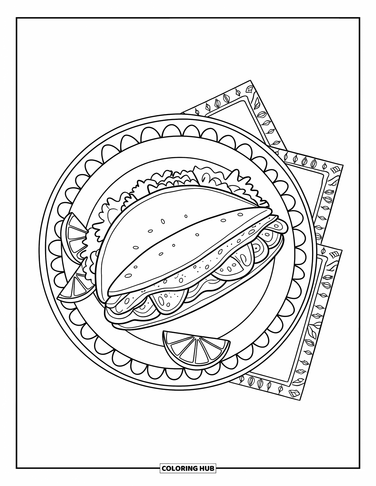 Mexican Food Coloring Page for Kids: Taco layered with fillings, lime wedges, and napkins on a plate