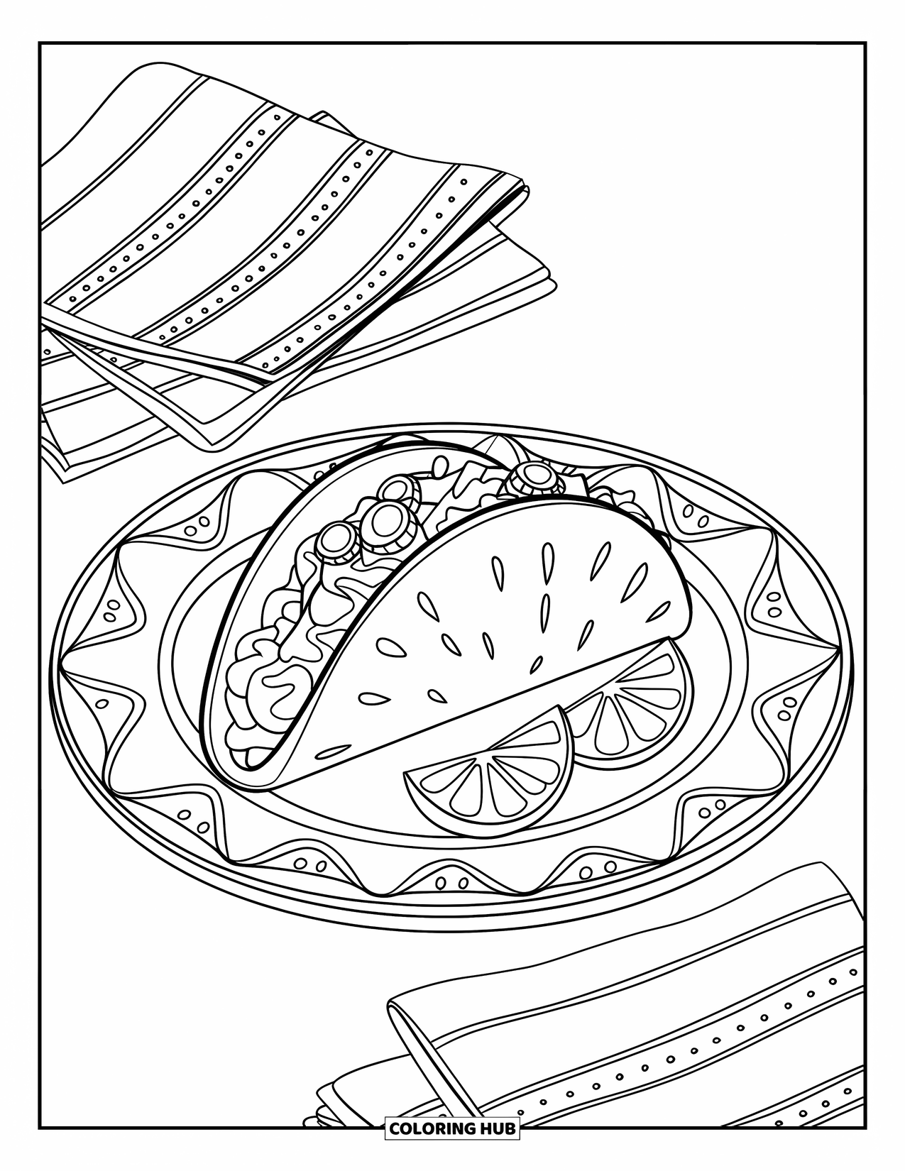 Mexican Food Coloring Page for Kids: Taco on a decorative plate with napkins and lime wedges