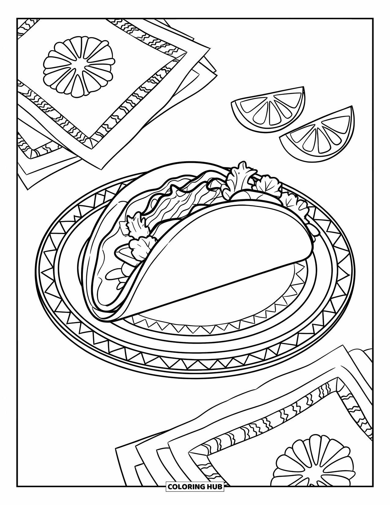 Mexican Food Coloring Page for Kids: Taco with meat and toppings on a plate beside lime and napkins