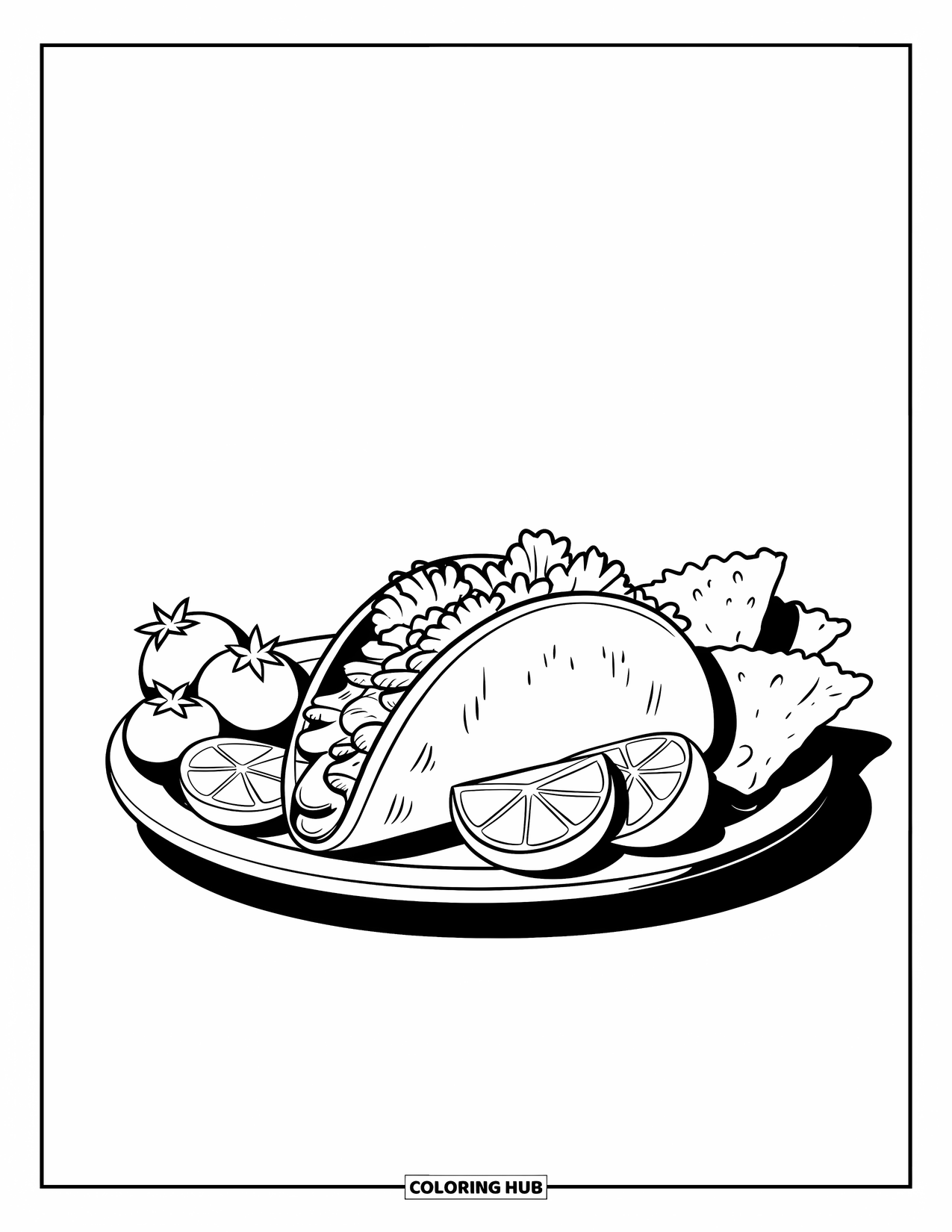 Mexican Food Coloring Page for Kids: Taco with veggies and chips beside it on a clean plate