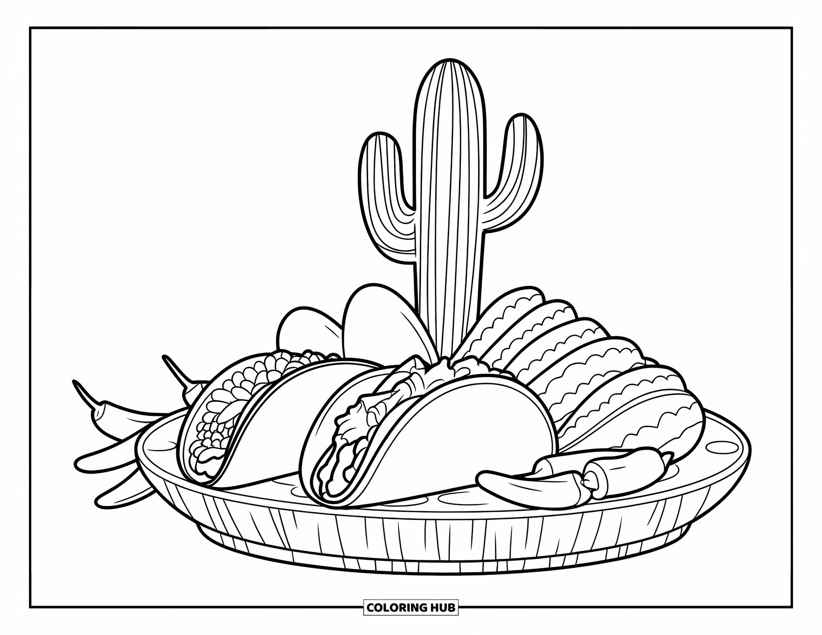 Mexican Food Coloring Page for Kids: Tacos and elotes on a plate with chilies and a cactus centerpiece