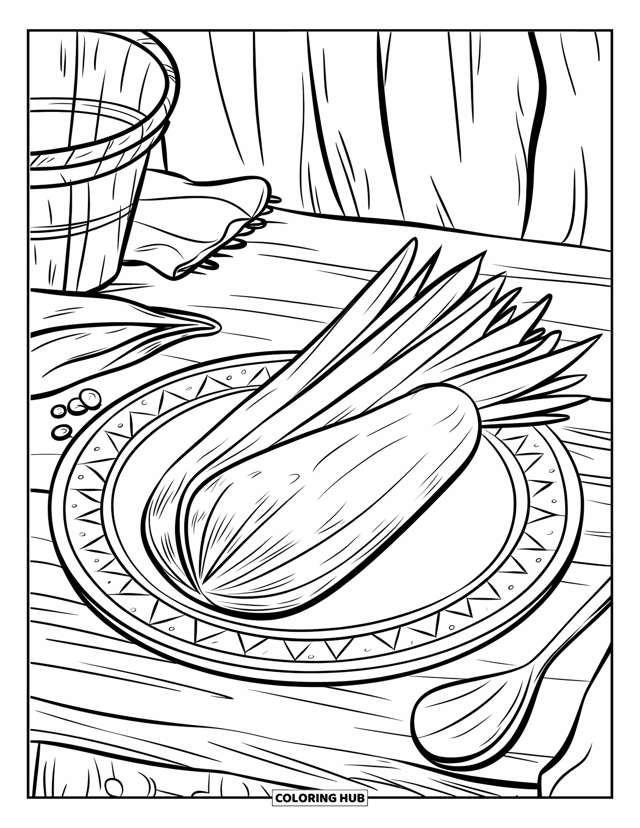 Mexican Food Coloring Page for Kids: Tamale with spices, basket, and spoon in a rustic setting