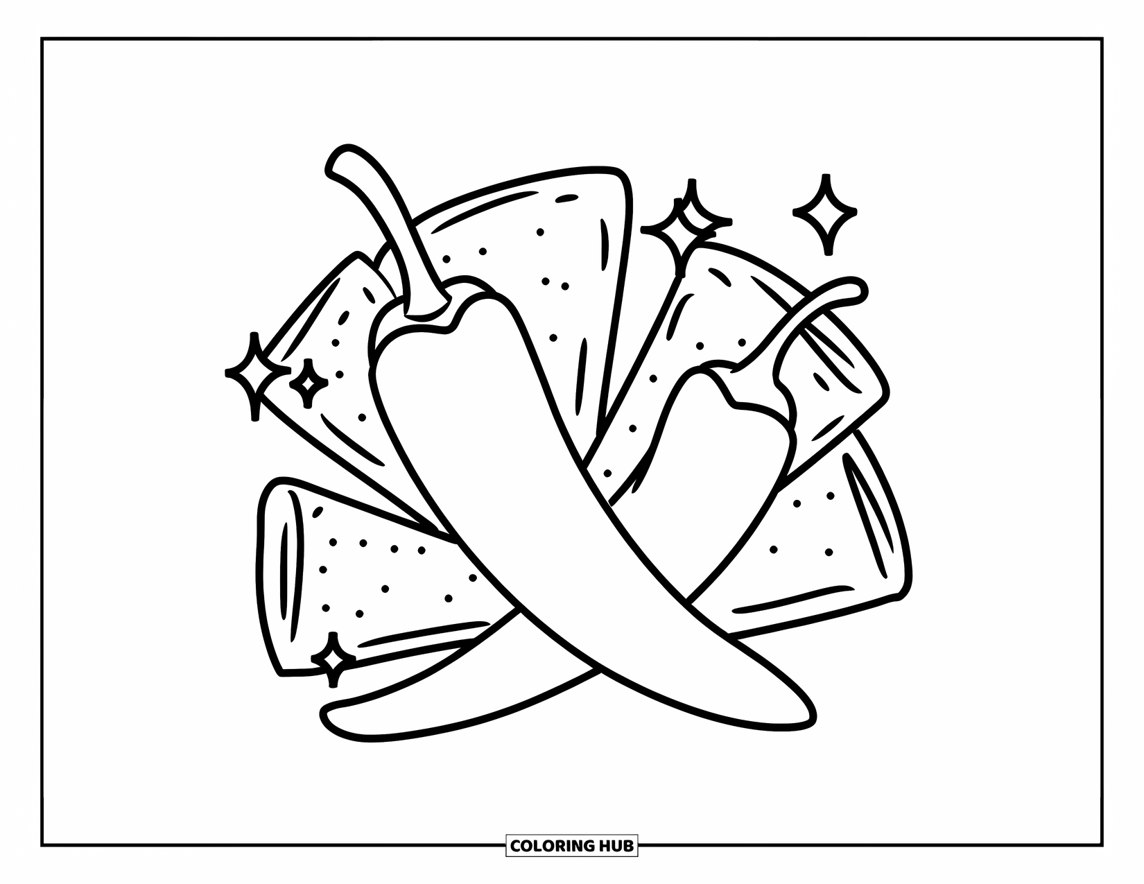 Mexican Food Coloring Page for Kids: Two chili peppers crossed with tortillas and sparkles around
