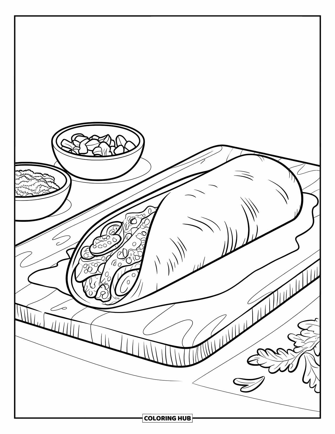 Mexican Food Coloring Page for Kids: Unwrapped burrito with tiny topping bowls on a wooden board