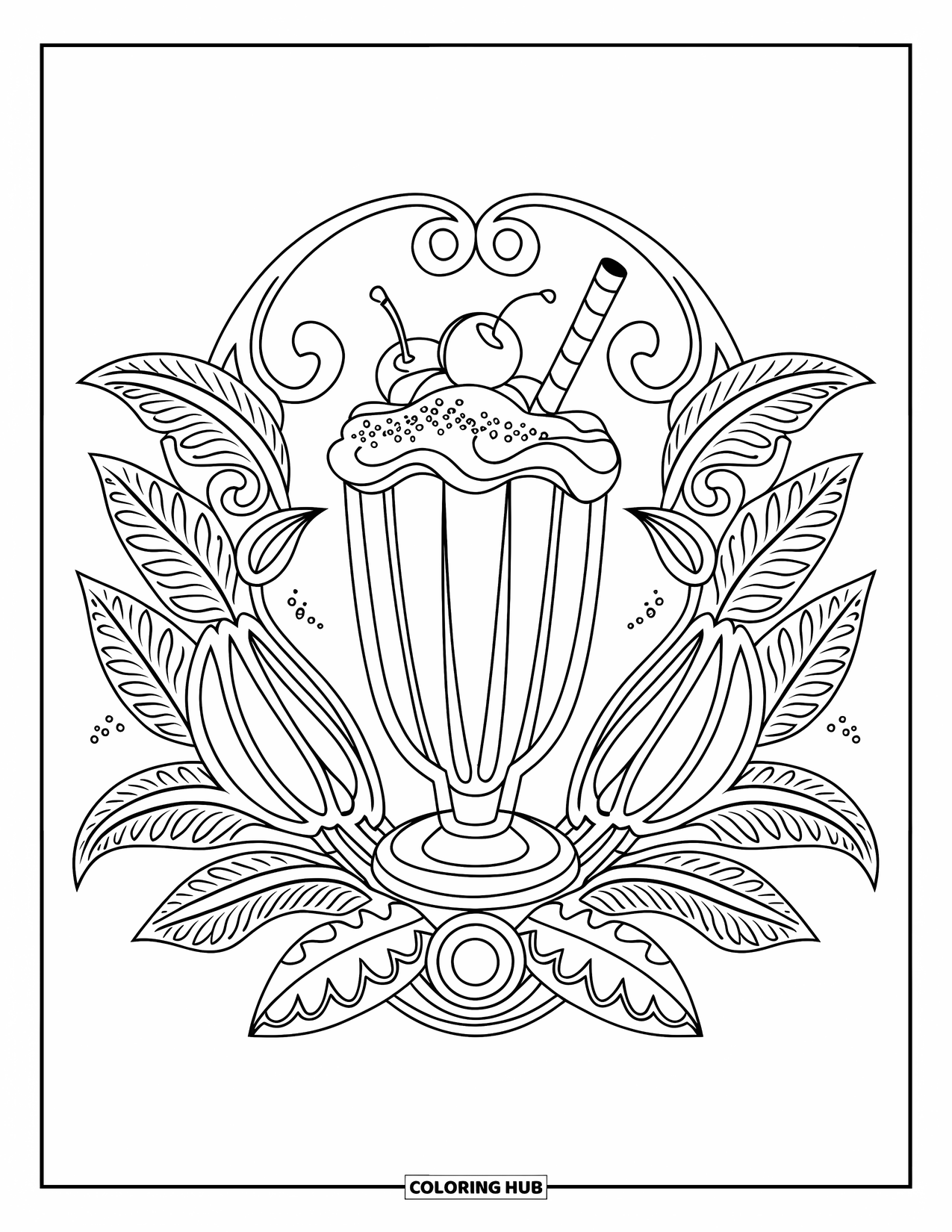 Milkshake Coloring Page for Adults: A chocolate milkshake with a cherry is framed by detailed cacao leaves