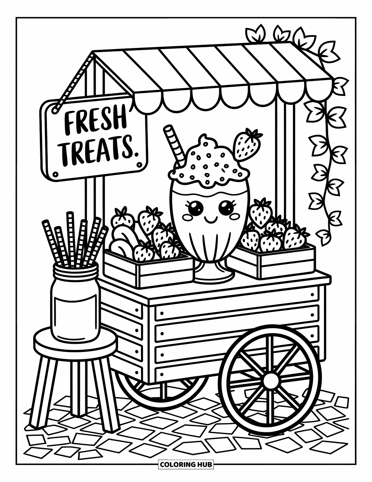 Milkshake Coloring Page for Adults: A fruit cart holds a milkshake and jars under ivy with a cute treat sign