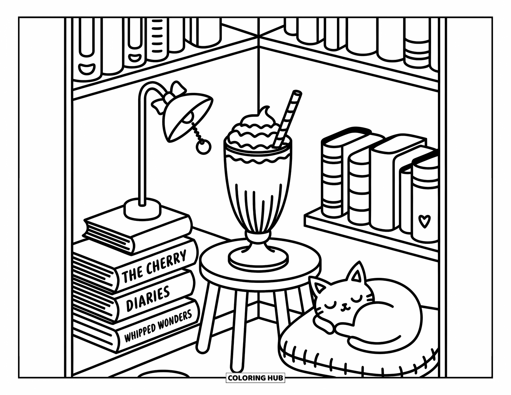 Milkshake Coloring Page for Adults: A milkshake rests on a stool in a library corner beside books and a sleepy cat