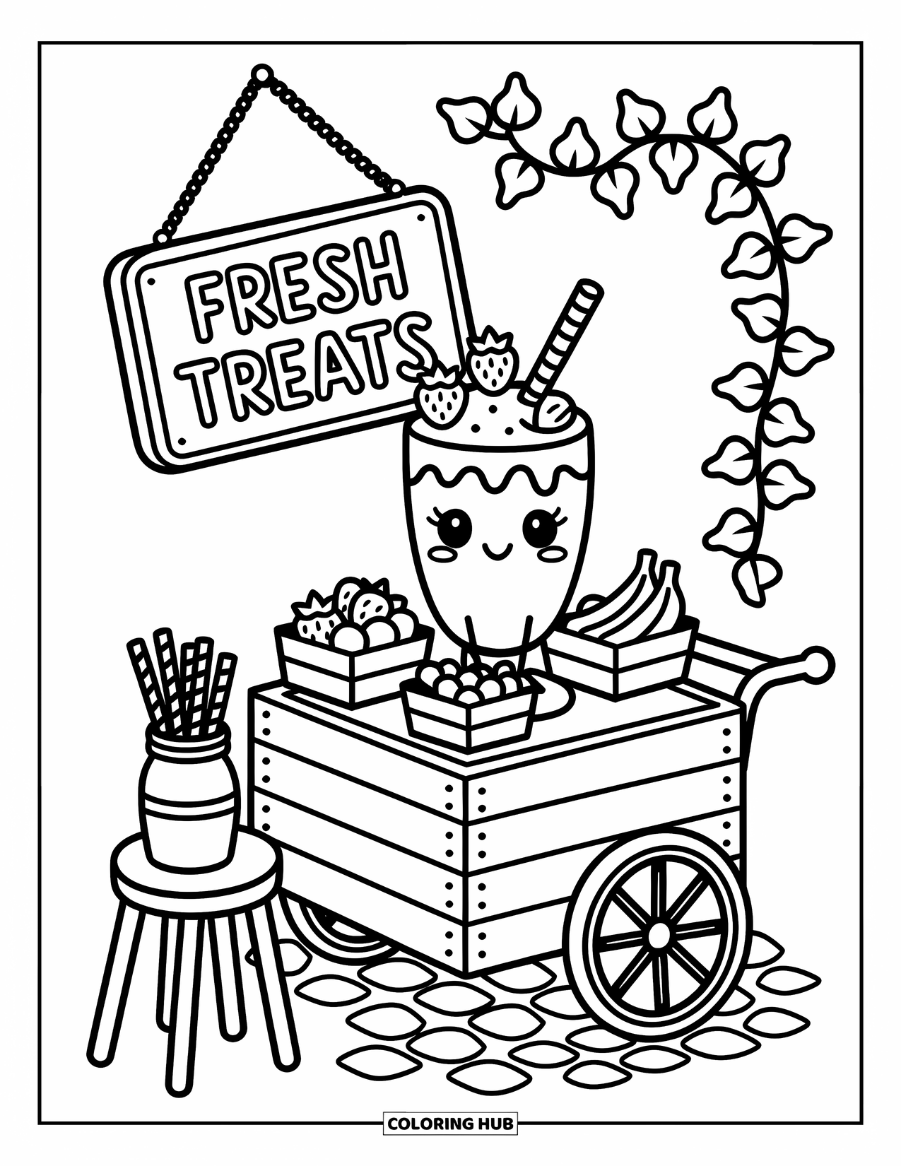 Milkshake Coloring Page for Adults: A small fruit cart with a milkshake and ivy invites you to a cozy treat scene