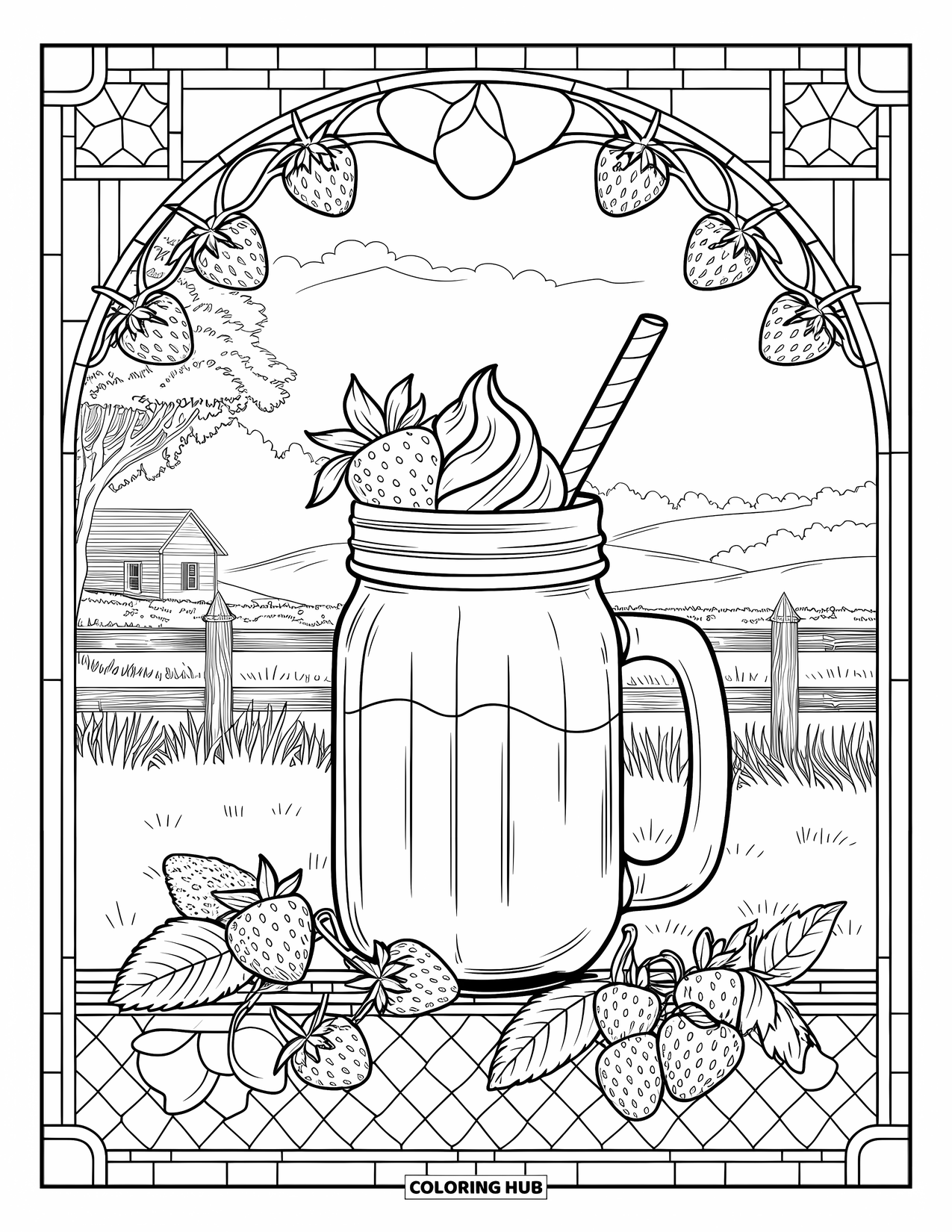Milkshake Coloring Page for Adults: A strawberry cheesecake milkshake rests near a fence, trees, and cottage