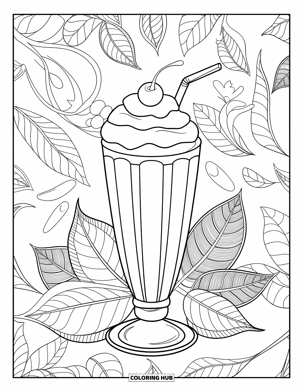Milkshake Coloring Page for Adults: Chocolate fudge milkshake is surrounded by ornate cacao leaves and beans