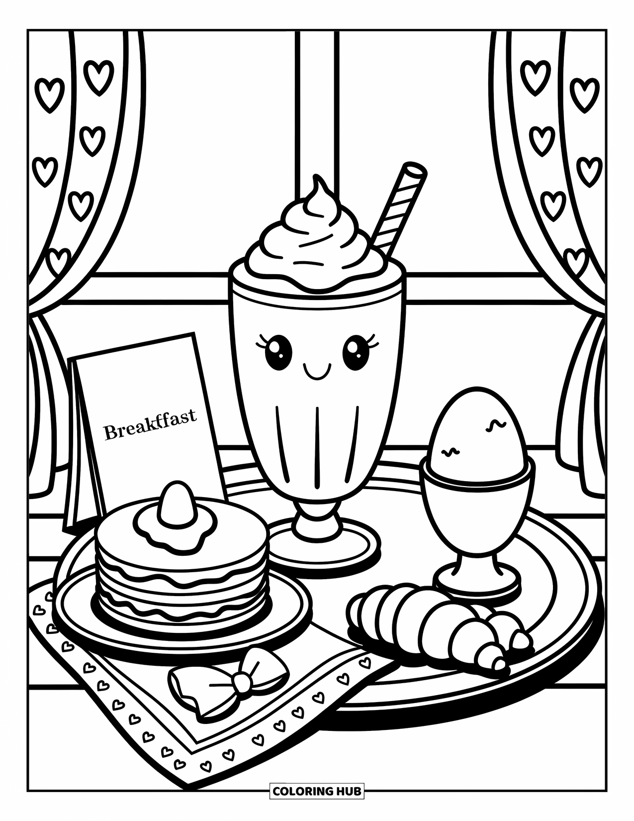 Milkshake Coloring Page for Adults: Cozy breakfast tray with milkshake, pancakes, and bow-patterned napkin near a window
