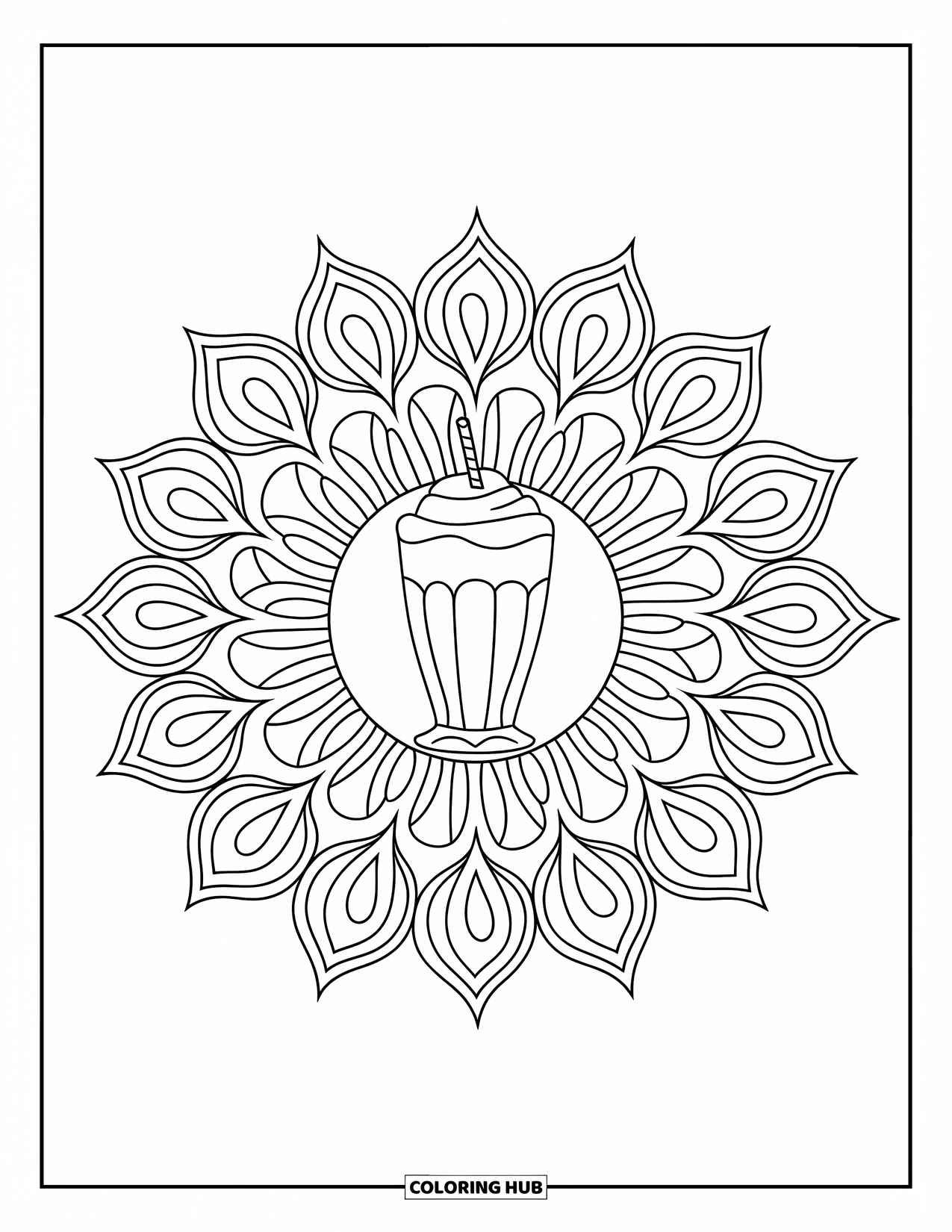 Milkshake Coloring Page for Adults: Mandala pattern frames a vanilla milkshake in a cup with a straw