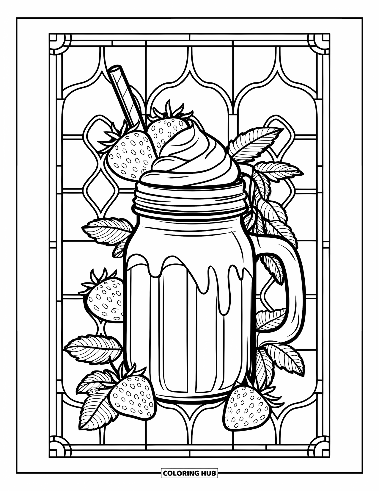 Milkshake Coloring Page for Adults: Milkshake in a mason jar sits among berry vines with stained glass accents