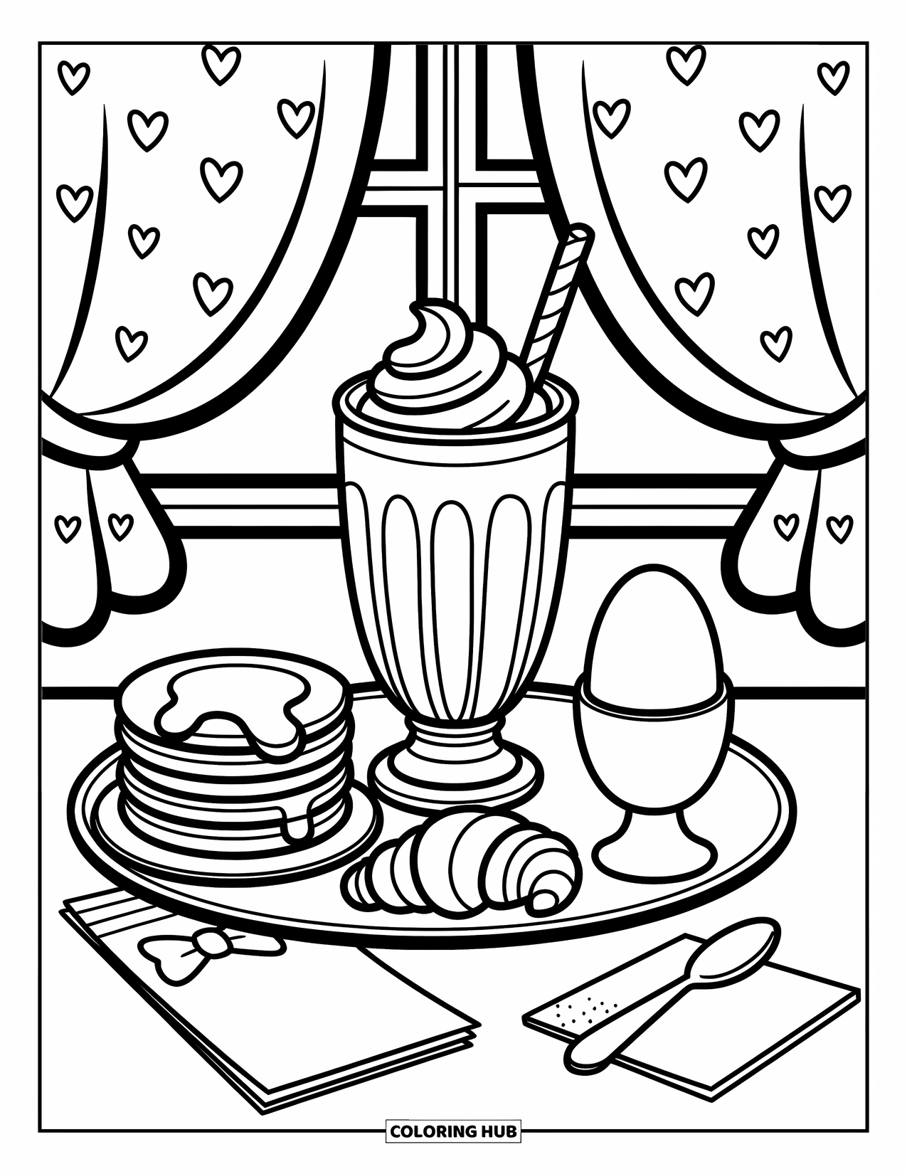 Milkshake Coloring Page for Adults: Milkshake joins pancakes and egg on a tray with a cozy napkin and window view