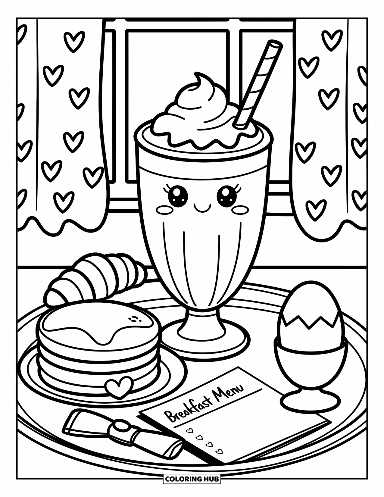 Milkshake Coloring Page for Adults: Milkshake on a tray with pancakes, croissant, egg, and a heart-curtained window nearby