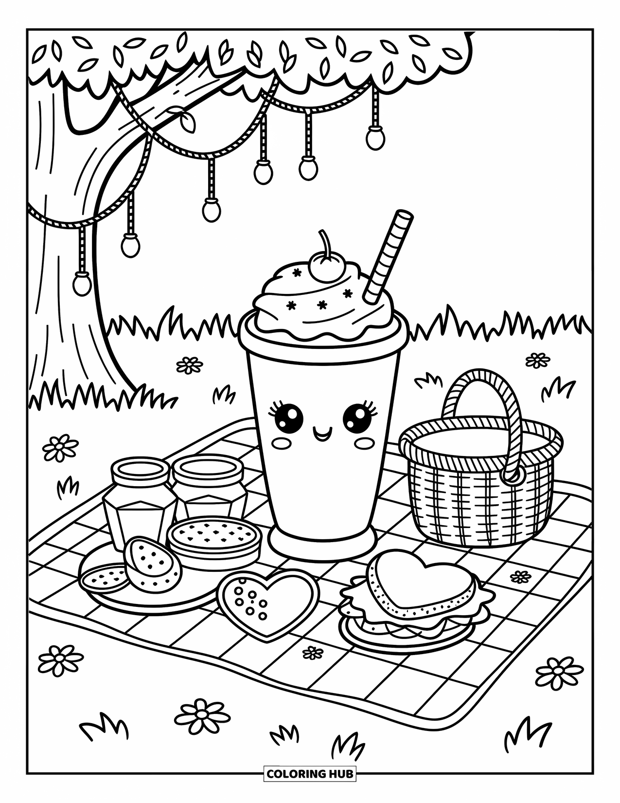 Milkshake Coloring Page for Adults: Milkshake rests on a blanket with picnic goodies and a tree full of fairy lights