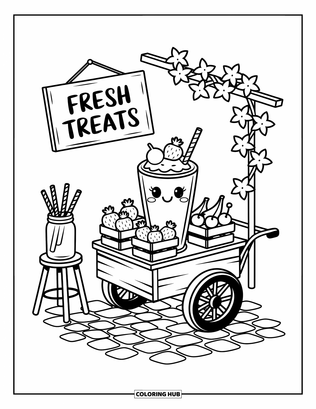 Milkshake Coloring Page for Adults: Milkshake sits on a wooden cart with fruit crates, ivy, and a ìFresh Treatsî sign