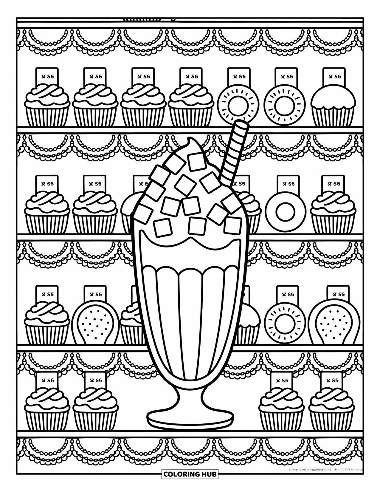 Milkshake Coloring Page for Adults: Milkshake with cookie straw stands proudly beside puffs and cupcakes in a cute shop
