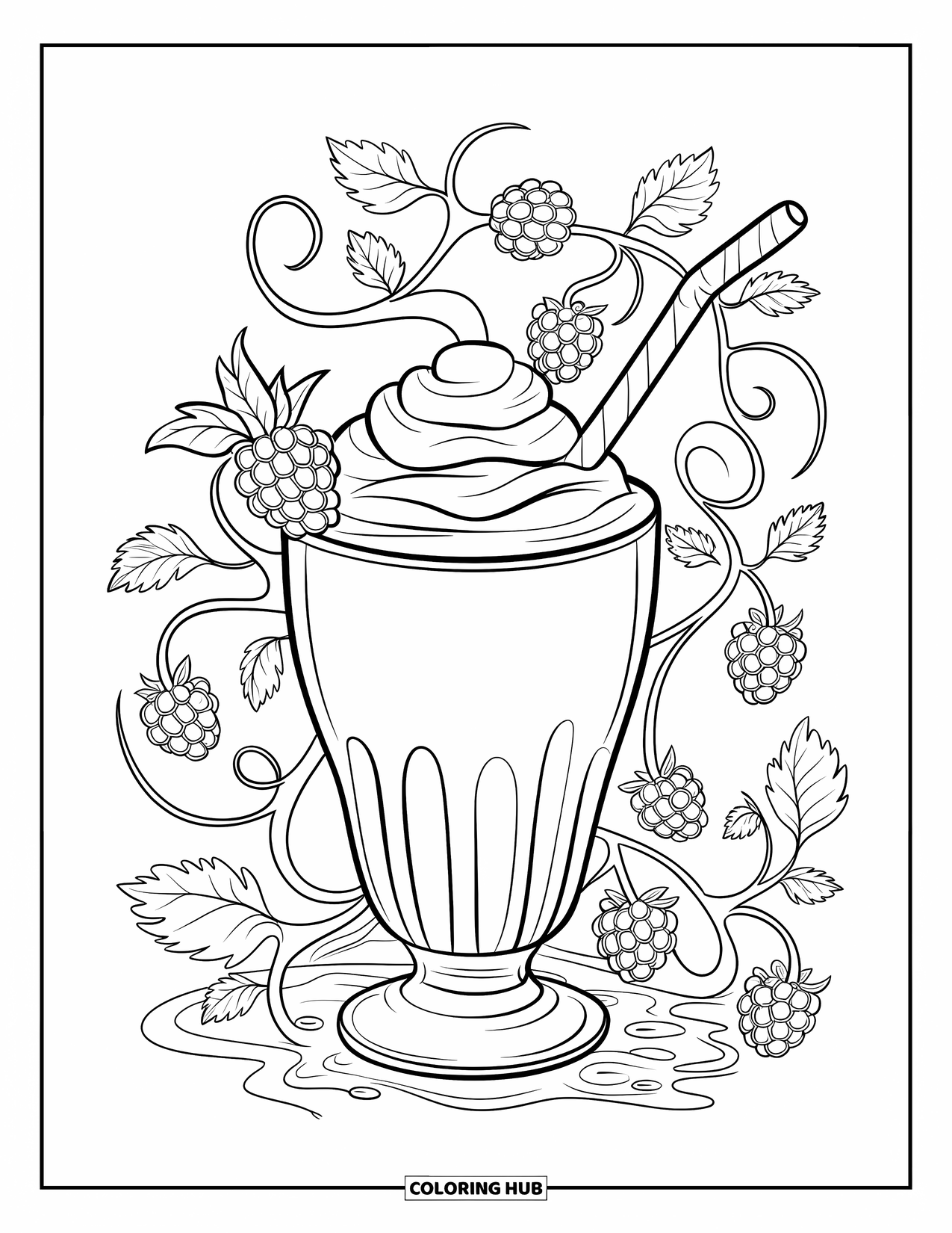 Milkshake Coloring Page for Kids: A blackberry milkshake labeled with its name sits among swirls and berries