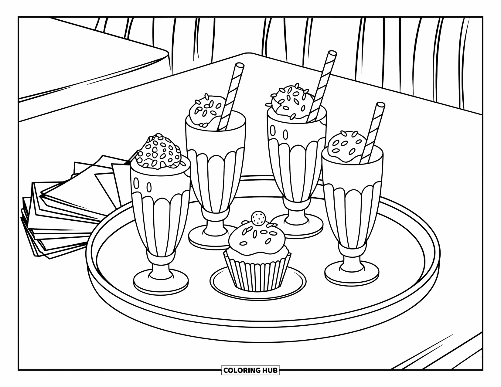 Milkshake Coloring Page for Kids: A café tray holds four decorated milkshakes, a cupcake, and folded napkins